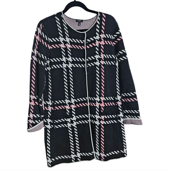 TALBOTS Knit Long Sweater Cardigan Topper Black White & Pink - Large Petite - Picture 1 of 8